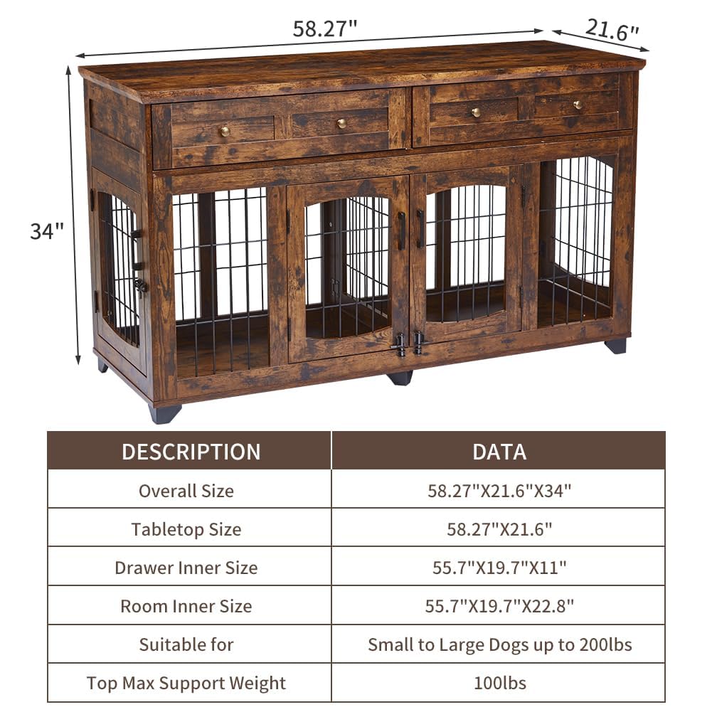 Garvee Dog Crate Furniture with 5 Doors, 58" Wooden Dog Kennel Cage End Table with Large Capacity Drawers, Dog House with Openable Divider for Dogs(Brown)