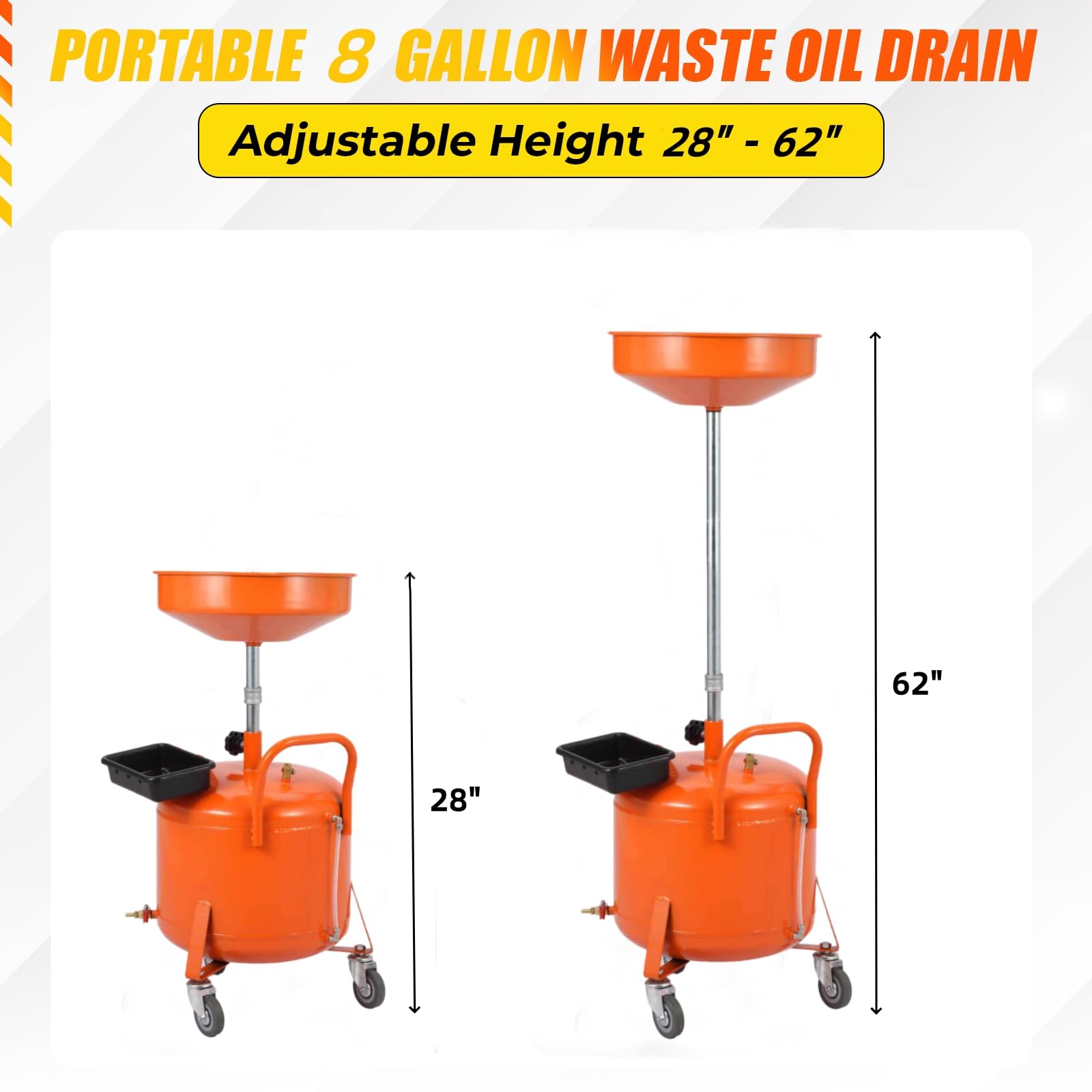 Garvee 8 Gallon Waste Oil Drain Tank, Portable Oil Drain Container with Adjustable Funnel Height (28"-62"), 360° Wheels & Built-in Toolbox, Orange