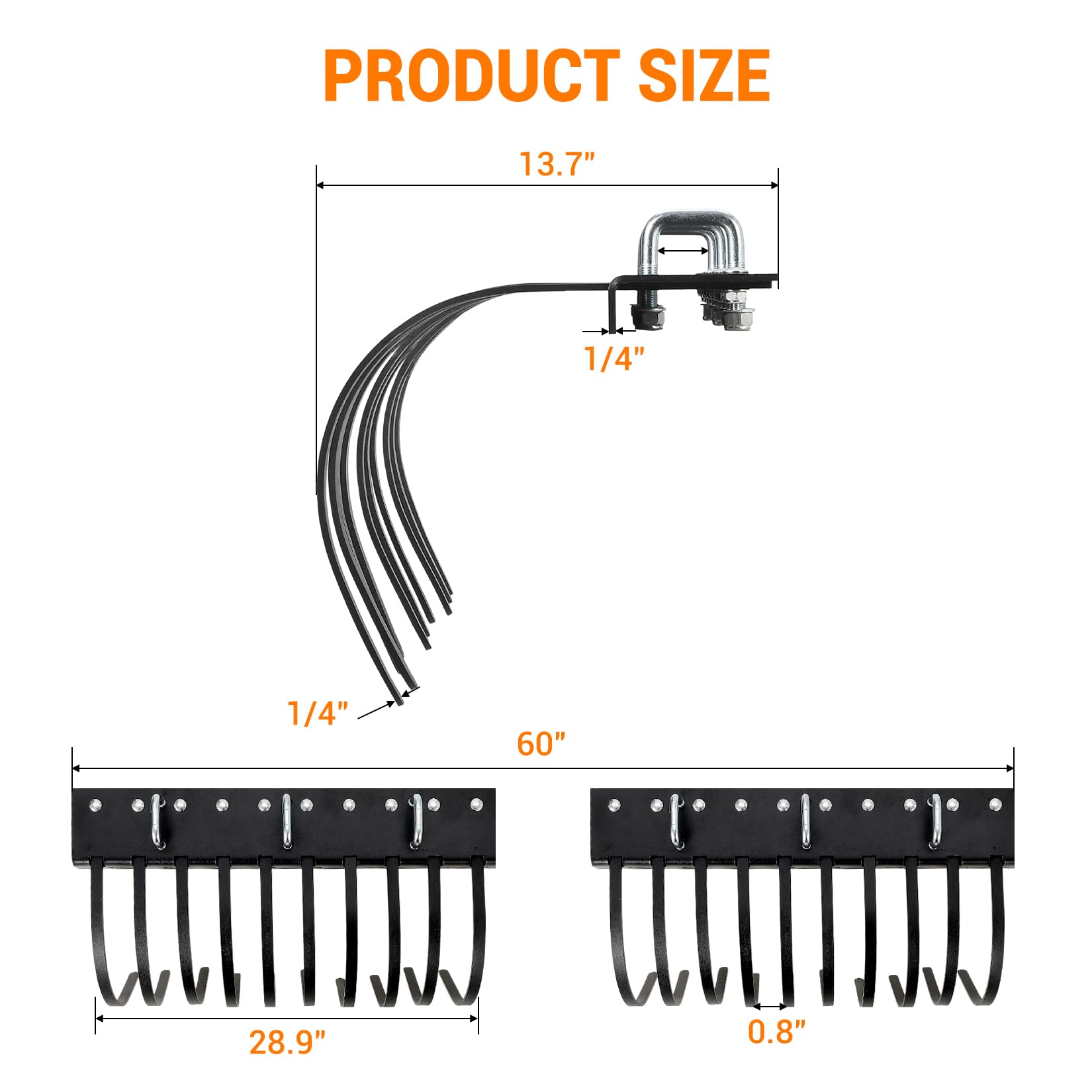 Garvee 60 Inch Landscape Rake Fits for Tractor/ATV/UTV, Heavy Duty Rock Rake 20 Tines, Pine Straw Rake for Removal of Rock, Grass Clumps and Debris, Prep for Seeding, Black
