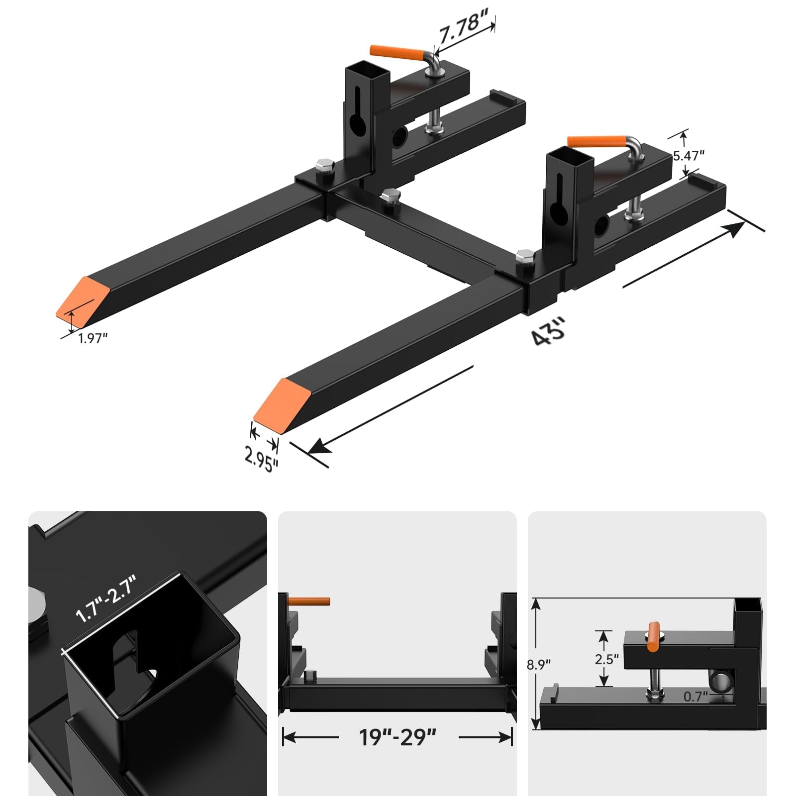 Garvee 43" 2000 lbs Pallet Forks, Clamp on Pallet Forks for Tractor Skid Steer Loader Bucket, Heavy Duty Quick Attach Forks with Adjustable Stabilizer Bar (19"-29")