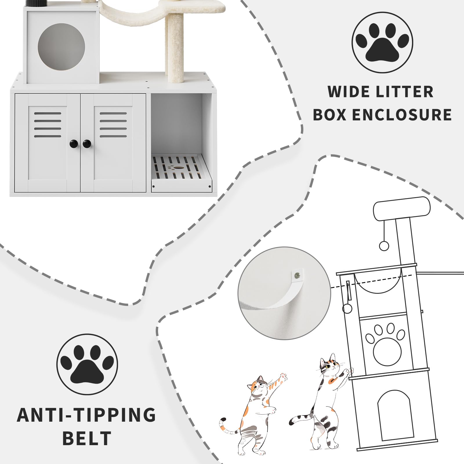 Garvee 55.1-Inch Cat Tree with Litter Box Enclosure 2-in-1 Modern Cat Tower White, Wooden Hidden Litter Box Furniture, Cat Condo, Hammock, Scratching Post