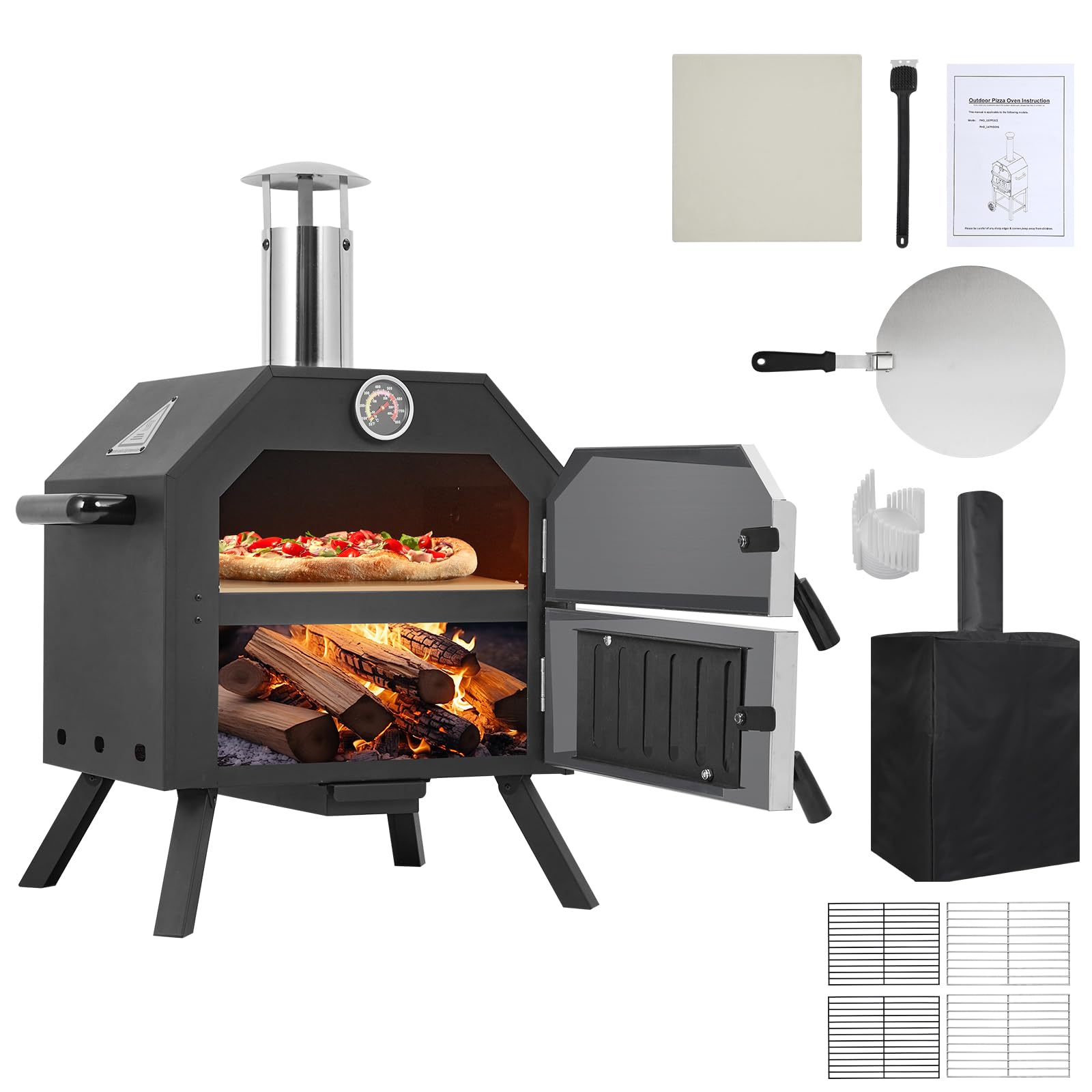 Garvee Wood-Fired Outdoor Pizza Oven, Foldable Legs, 12" Stone, Pizza Peel, Waterproof Cover for Camping, Backyard BBQ, and Parties