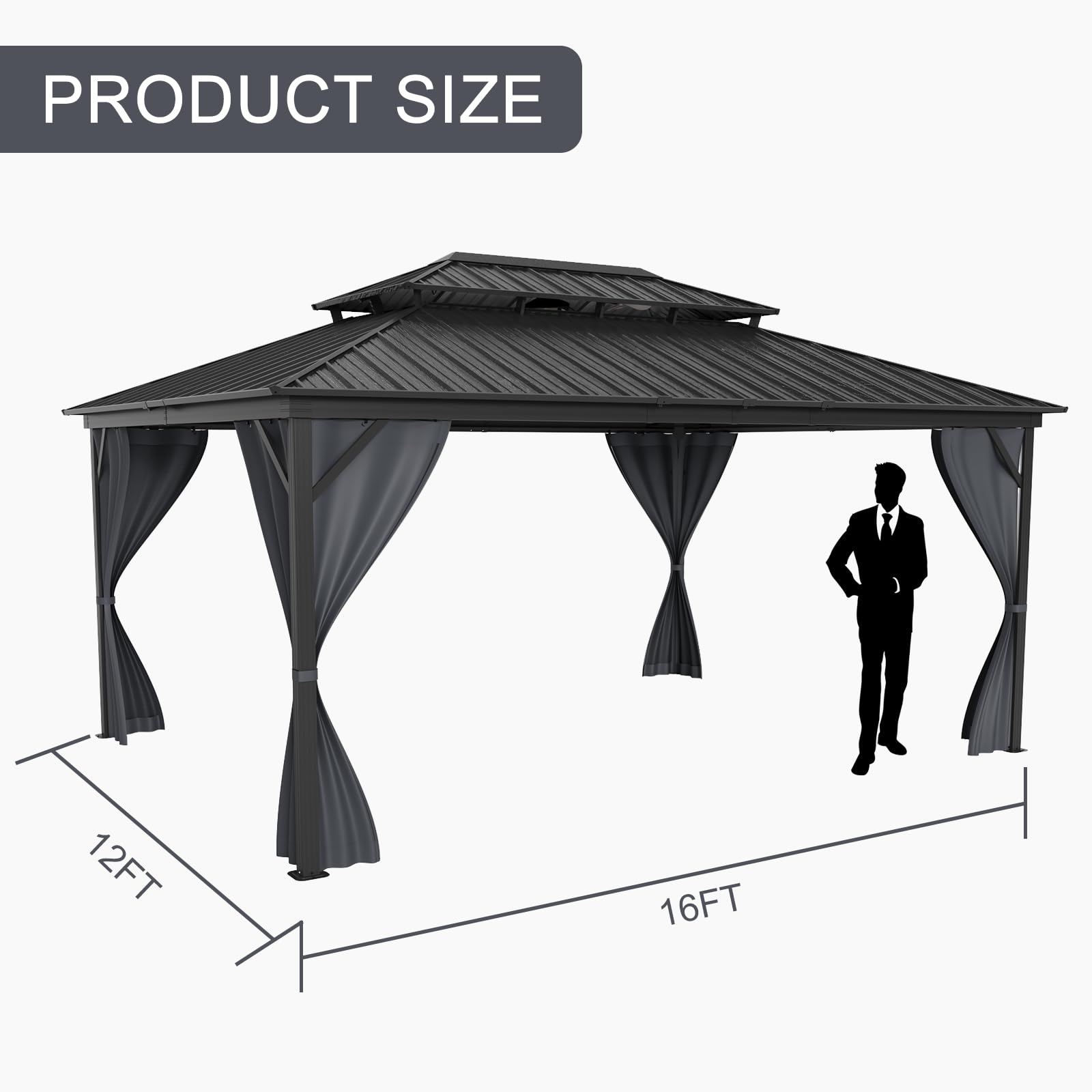 Garvee 12'x16' All-Weather Hardtop Gazebo - Double Metal Roof & Aluminum Frame with Net & Curtain for Patio, Deck & Backyard (Grey)