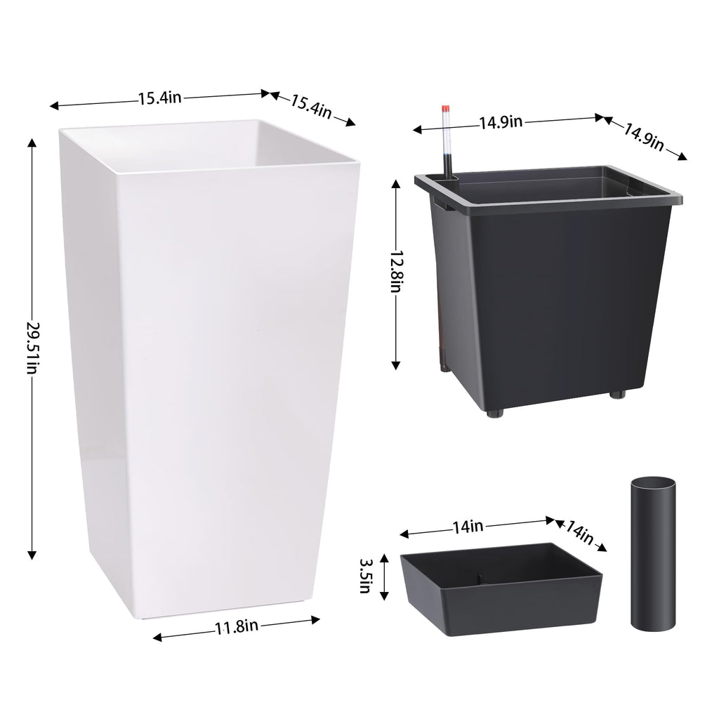 Garvee 30" Tall Planter Set of 2,Heavy Duty Tall Planter,High Front Porch Planter Pots with Drainage Holes＆Water Level Monitor＆Inner Bucket, Automatic Watering,Indoor/Outdoor Grande Plant,Tree,White…