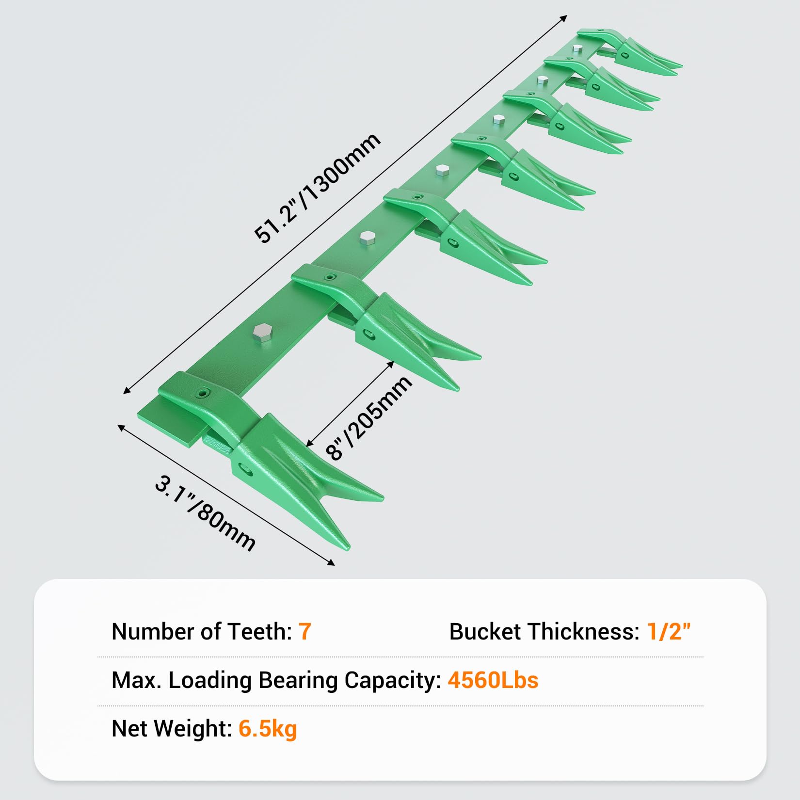 Garvee Bucket Tooth Bar for Sub-Compact Tractor，53" Heavy Duty Tractor Bucket Teeth Fits Bucket Cutting Edges Sized 1/2" or Less with Effortless Installation，Green