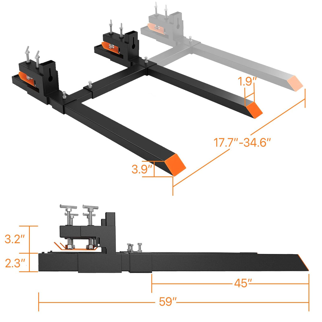 Garvee 60" 4000Lbs Clamp on Pallet Forks, Heavy Duty Bucket Forks with Adjustable Stabilizer Bar (17.7"-34.6") for Tractor Bucket, Skid Steer, Black -with Stabilizer Bar