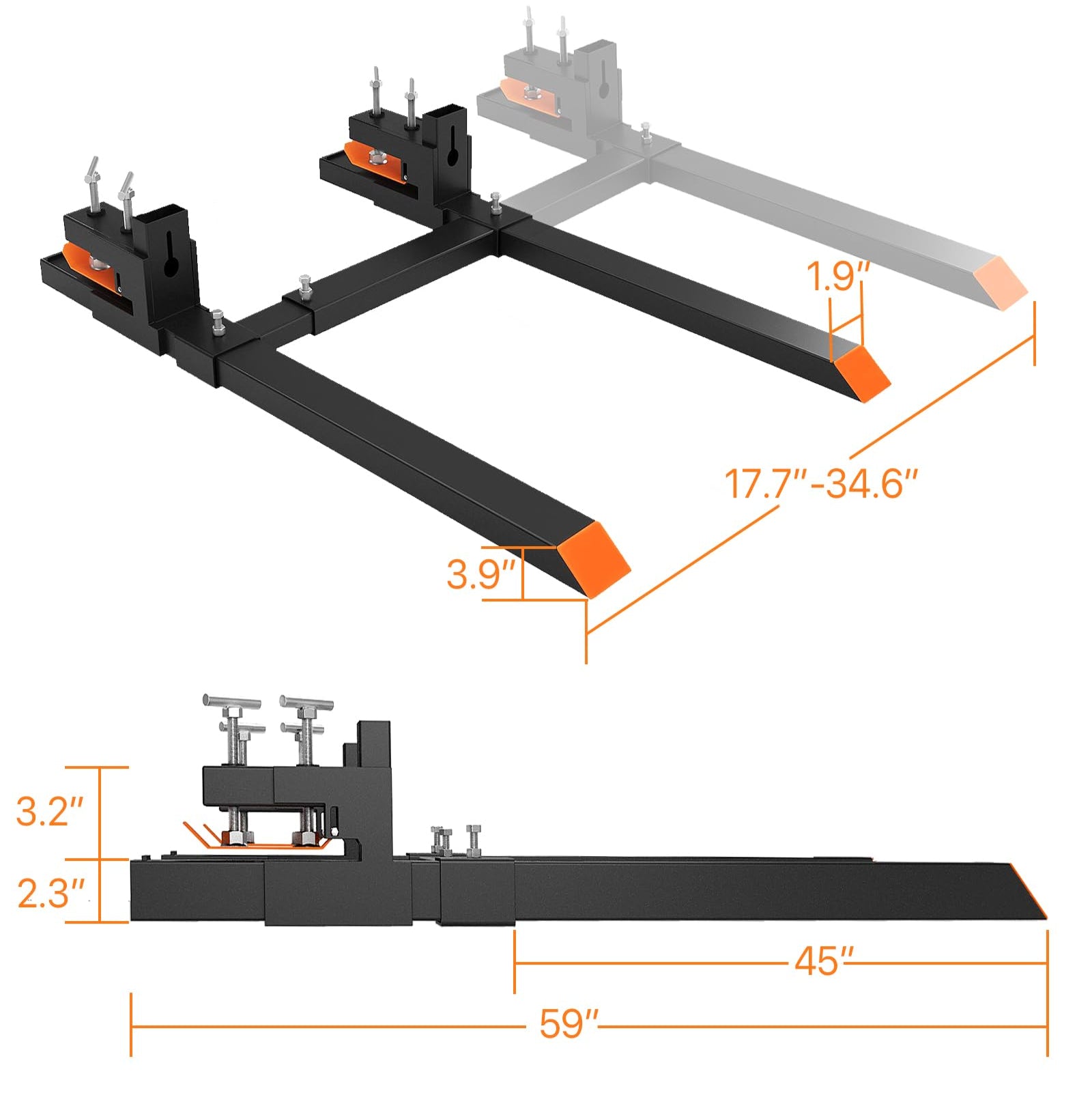 Garvee 60" 4000Lbs Clamp on Pallet Forks, Heavy Duty Bucket Forks with Adjustable Stabilizer Bar (17.7"-34.6") for Tractor Bucket, Skid Steer, Black -with Stabilizer Bar