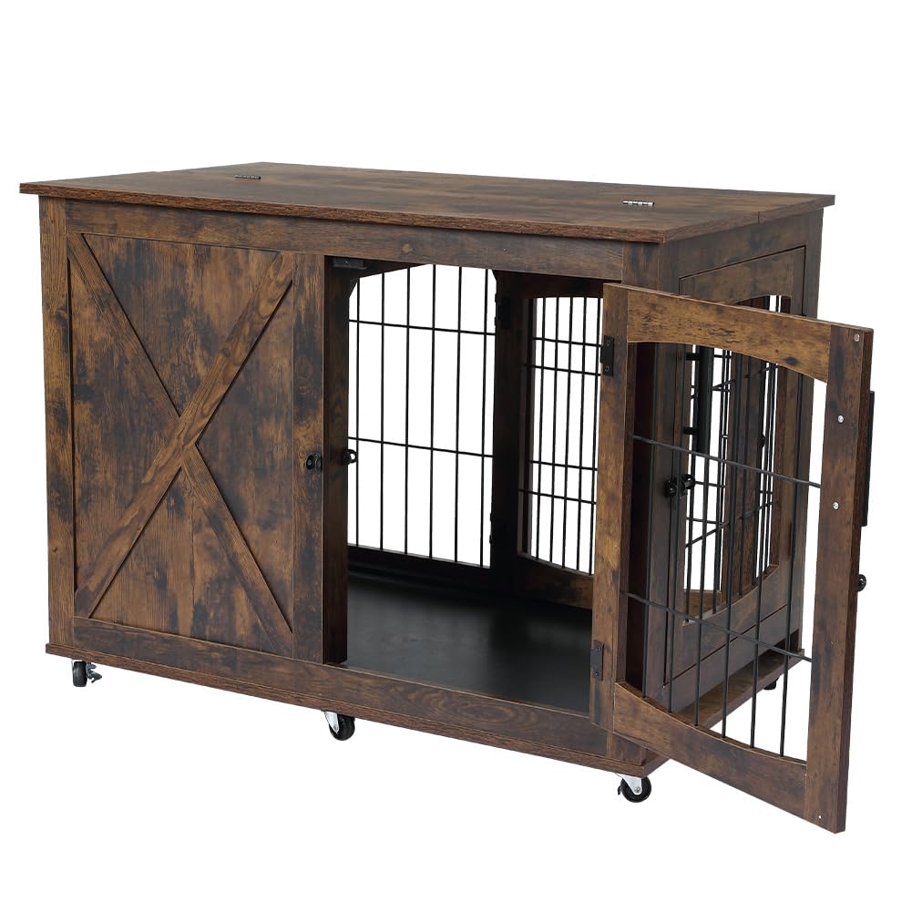 Garvee Furniture Dog Crate End Table, 39" Wooden Dog Kennels with 4 Doors,Sliding Barn Door with Divider, Dog House Indoor with Wheels