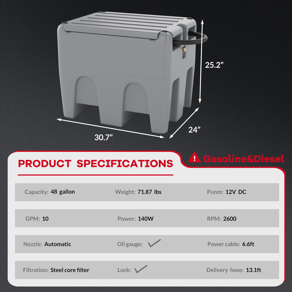 Garvee Portable Fuel Tank 48 Gallon Diesel Gasoline Transfer Tank With 12V Electric Pump 10 GPM Flow Rate Gray