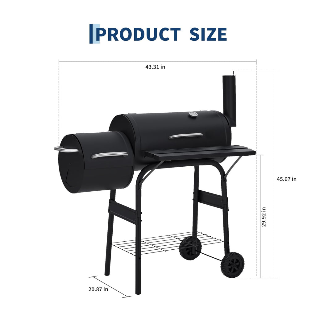 Garvee 43" Charcoal Grill with Offset Smoker - 358 SQ In Dual-Chamber BBQ Smoker Grill with Built-In Thermometer & Wheels, Matte Black