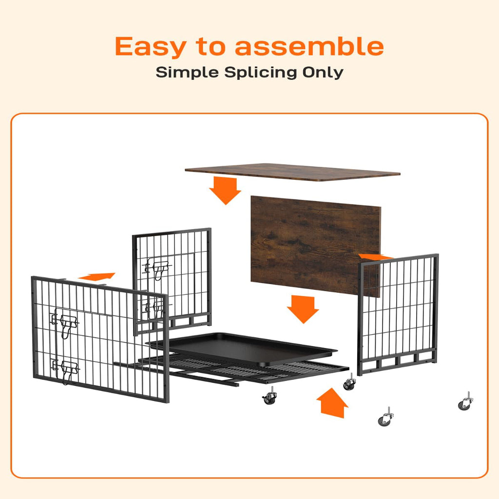 Garvee Dog Crate Furniture, Heavy-Duty Double-Doors Dog Cage End Table with Removable Tray and Wheels, 38.6" Wooden Dog Kennel, Indoor Dog House for Large Dogs, Brown