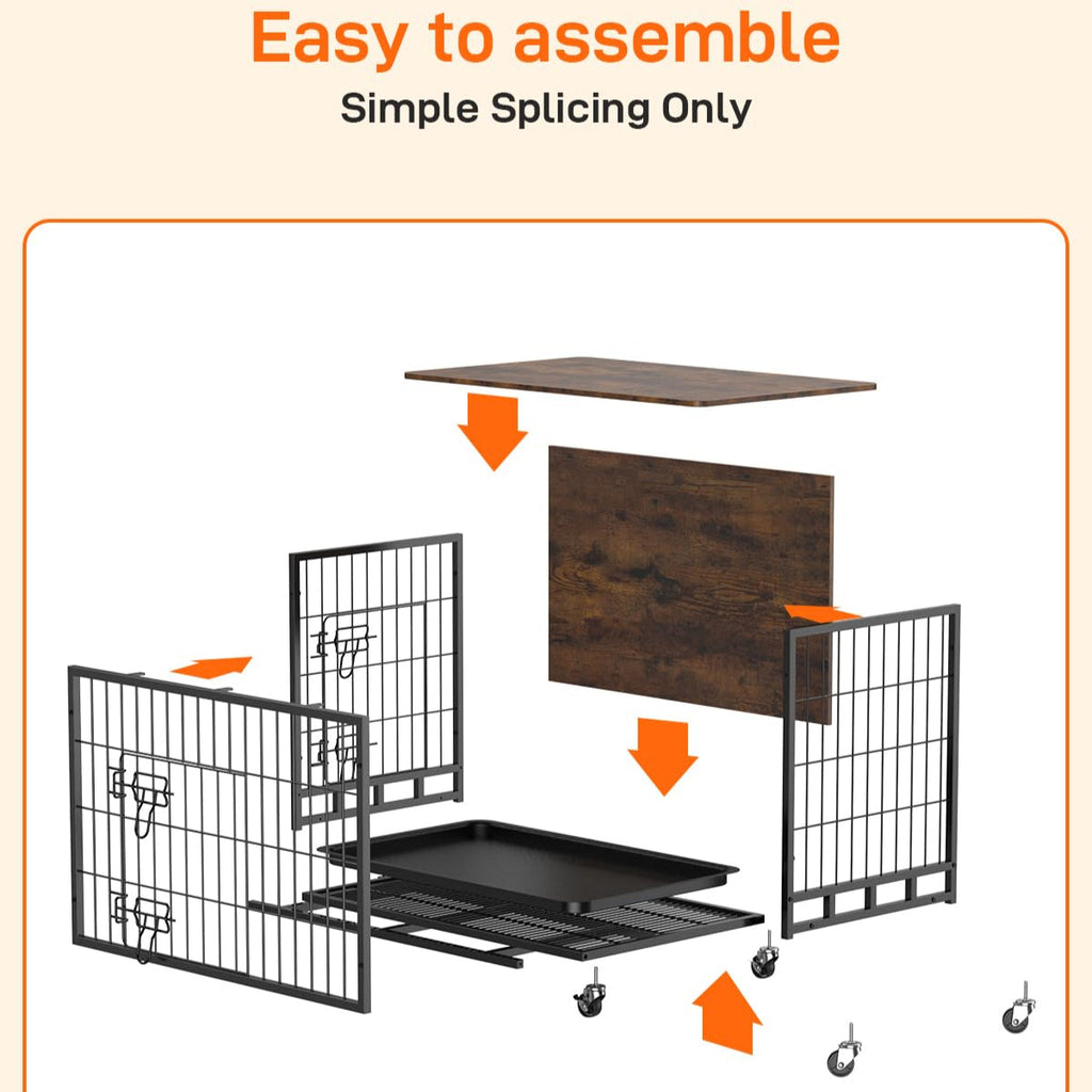 Garvee Dog Crate Furniture, 38.6" Dog Kennel Indoor Double Doors, Wooden Dog Cage with Pull-Out Tray & Removable Wheels, Decorative End Table Pet House Chew-Resistant for Large Dog, Brown