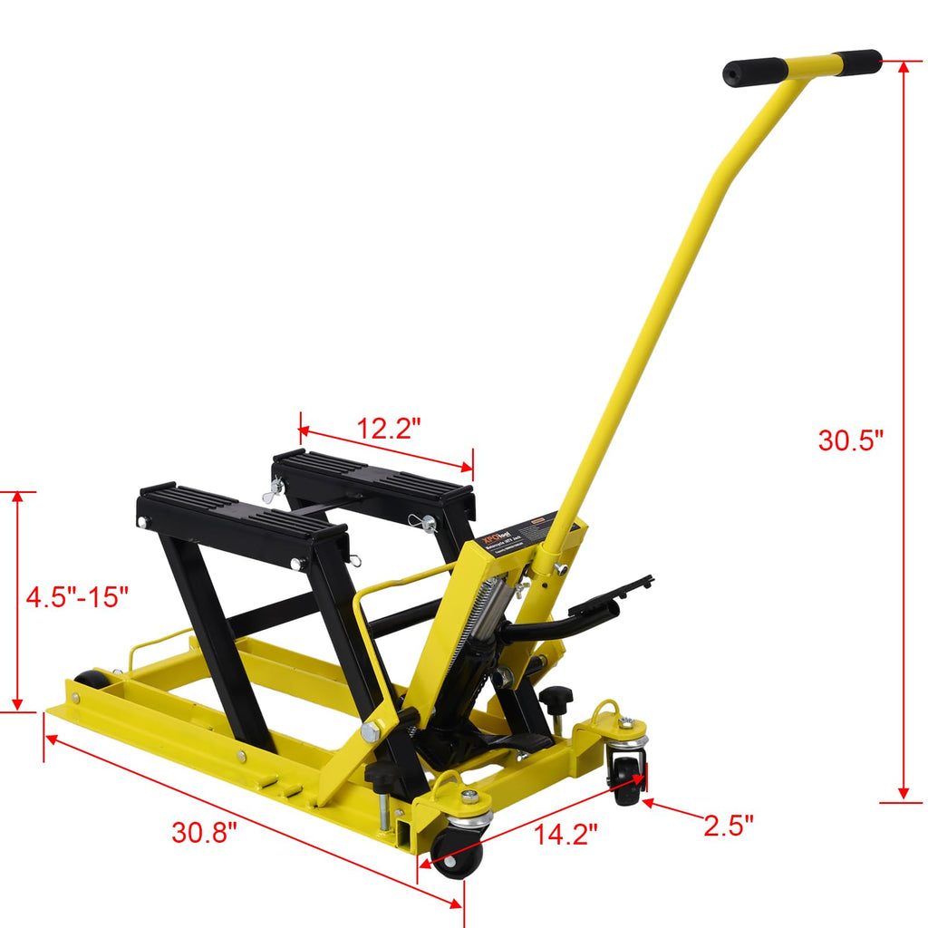Garvee Hydraulic Motorcycle Jack Lift 1500 LBS Capacity Portable Yellow Motorcycle Dolly with Straps for Bike ATV Dirt Bikes