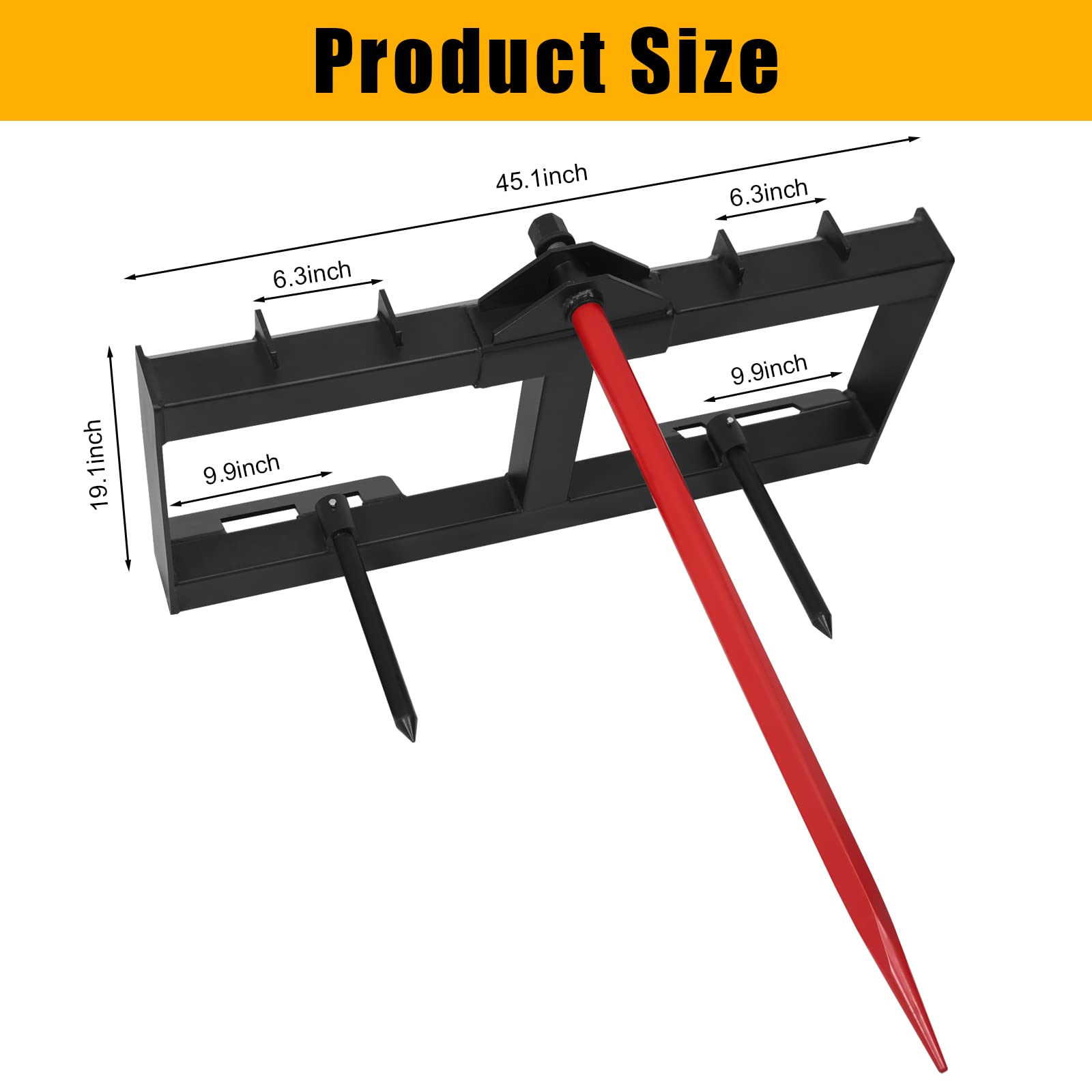 Garvee Tractor Hay Spear Attachment, 49", 3000LBS Capacity, Quick Installation, with 1 Red Hay Spear, 2 Black Stabilizer Spear Spike Fork Tines, Suitable for Tractors and Skid Steers, Farms, Barns