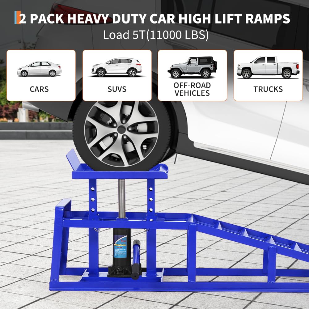 Garvee 2Pcs 5 Ton Hydraulic Car and Truck Service Ramps - 11023 lbs Capacity, Portable Lifts for Oil Changes with Adjustable Height from 9.8" to 15", Ideal for Home Garage and Vehicle Repairs, Blue