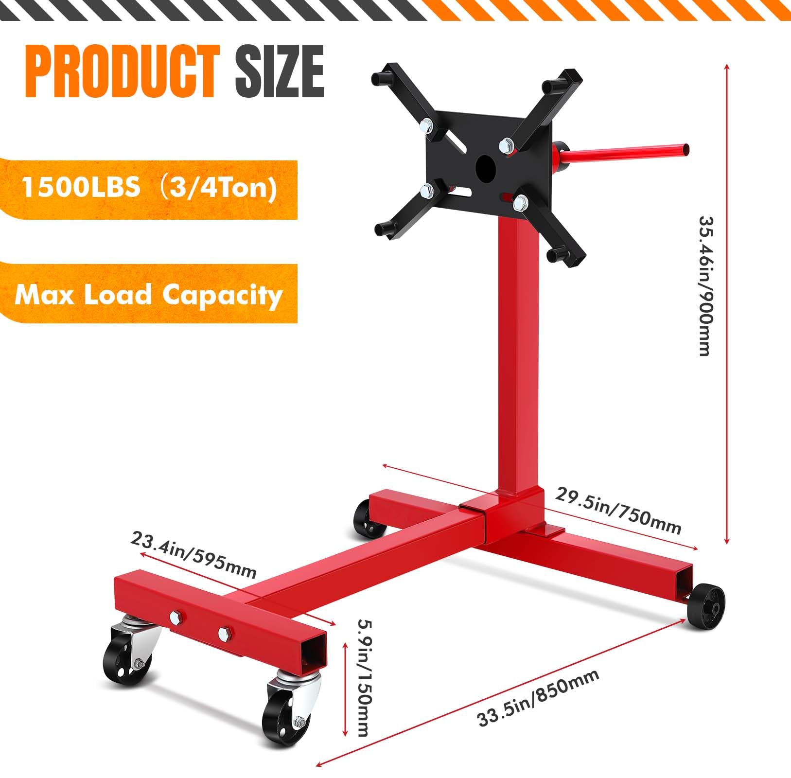 Garvee Engine Stand, 1500 lbs (3/4 Ton) Rotating Engine Motor Hoist with 360 Degree Adjustable Head, Cast Iron Folding Motor Hoist Dolly, 4-Caster, 4 Adjustable Arms, for Vehicle Maintenance