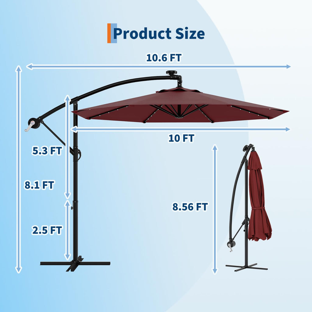 Garvee 10' Solar Lights Offset Patio Umbrella, Cantilever Umbrella with Easy Lift & Tilt Adjustment, 8 Ribs Sun Umbrella UV Protection, Wine Red