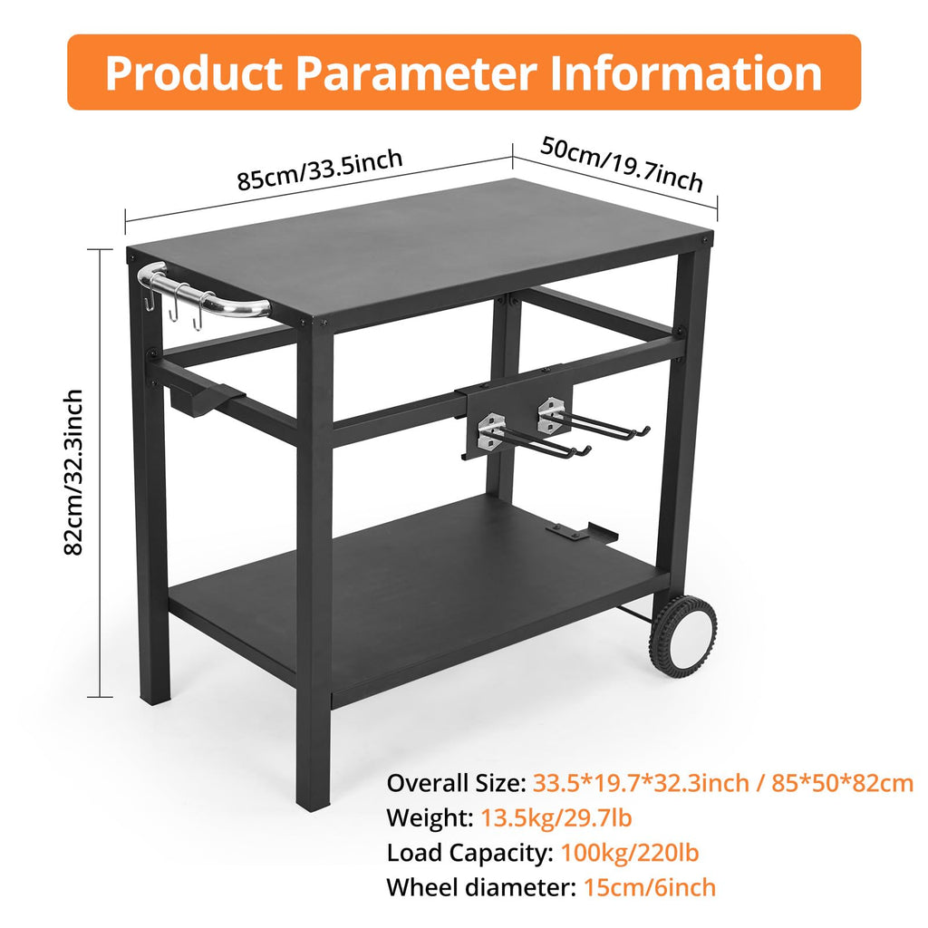 Garvee Outdoor Grill Cart with Wheels & Hooks – Portable Utility Table for Pizza Oven, BBQ, and Outdoor Cooking