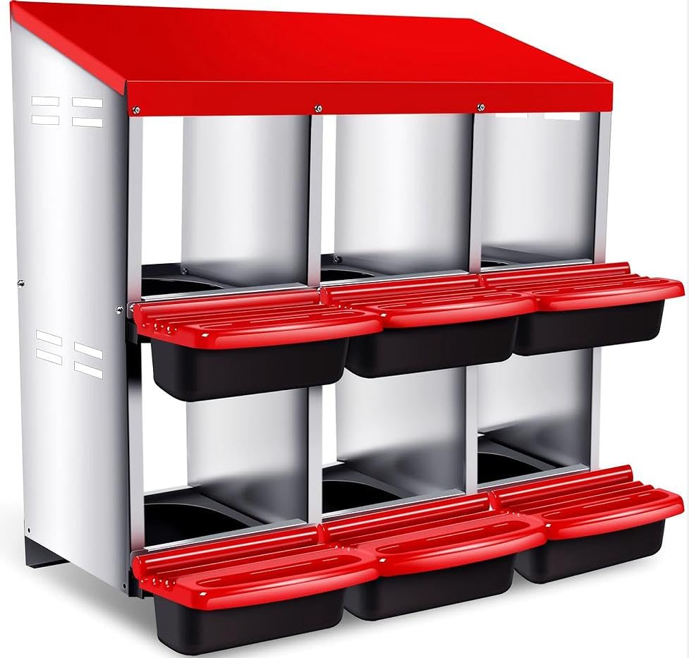Garvee Nesting Boxes for Chickens, 6 Compartments Plastic Tray Egg Chicken Laying Box, Metal Roll Away Nest Box for Chickens Laying Egg with Lid Cover to Protect Eggs, Easy Egg Collection