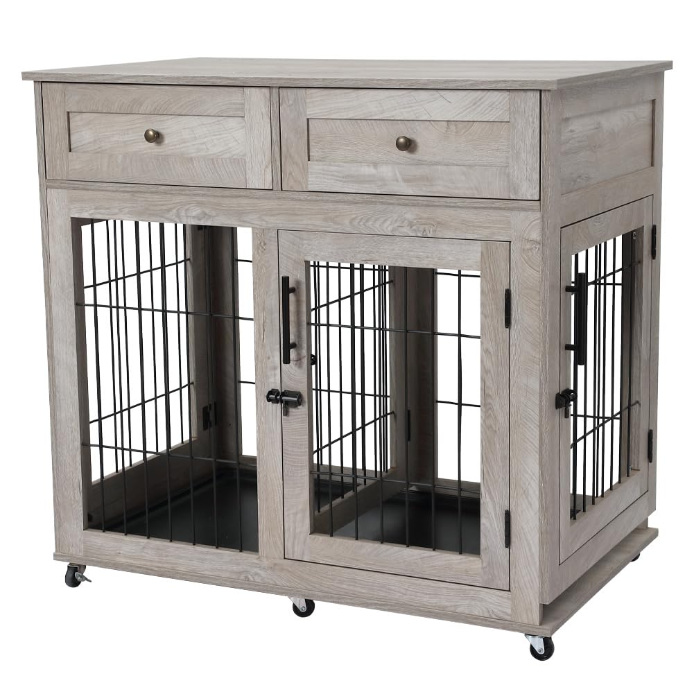 Garvee Double Room Wooden Dog Cage with Divider and Tray