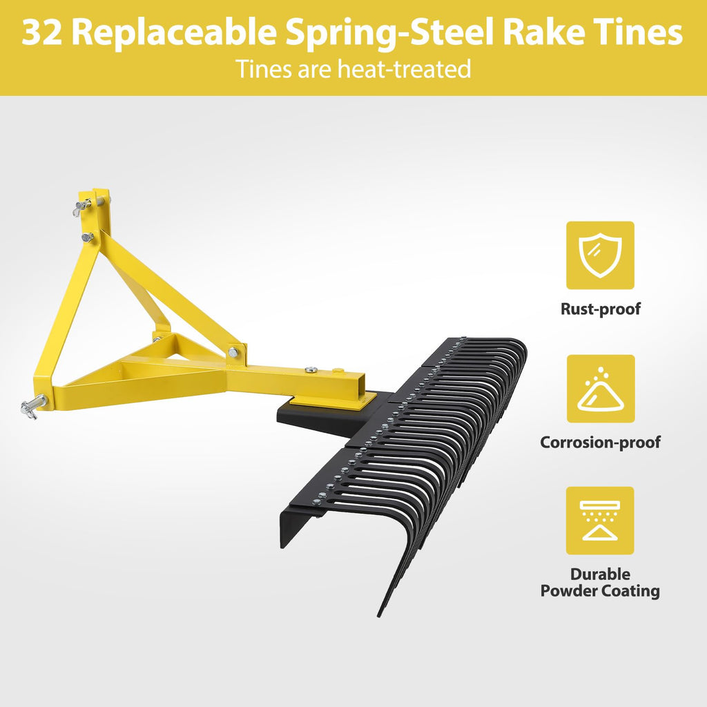 Garvee Heavy Duty 5 FT Landscape Rock Rake Include 3 Point Attach Rake， 360 Degree Rotation Tow-Behind Garden Tool for Compact Tractors, Category 1