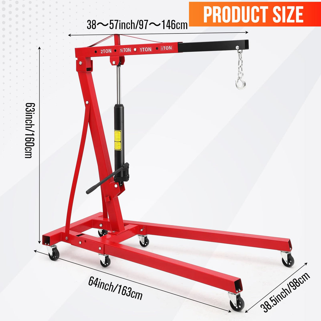 Garvee 2 Ton Folding Hydraulic Engine Hoist with Leveler, 4400 LBS Cherry Picker Shop Crane for Garage Workshop Warehouse, Heavy Duty, Red