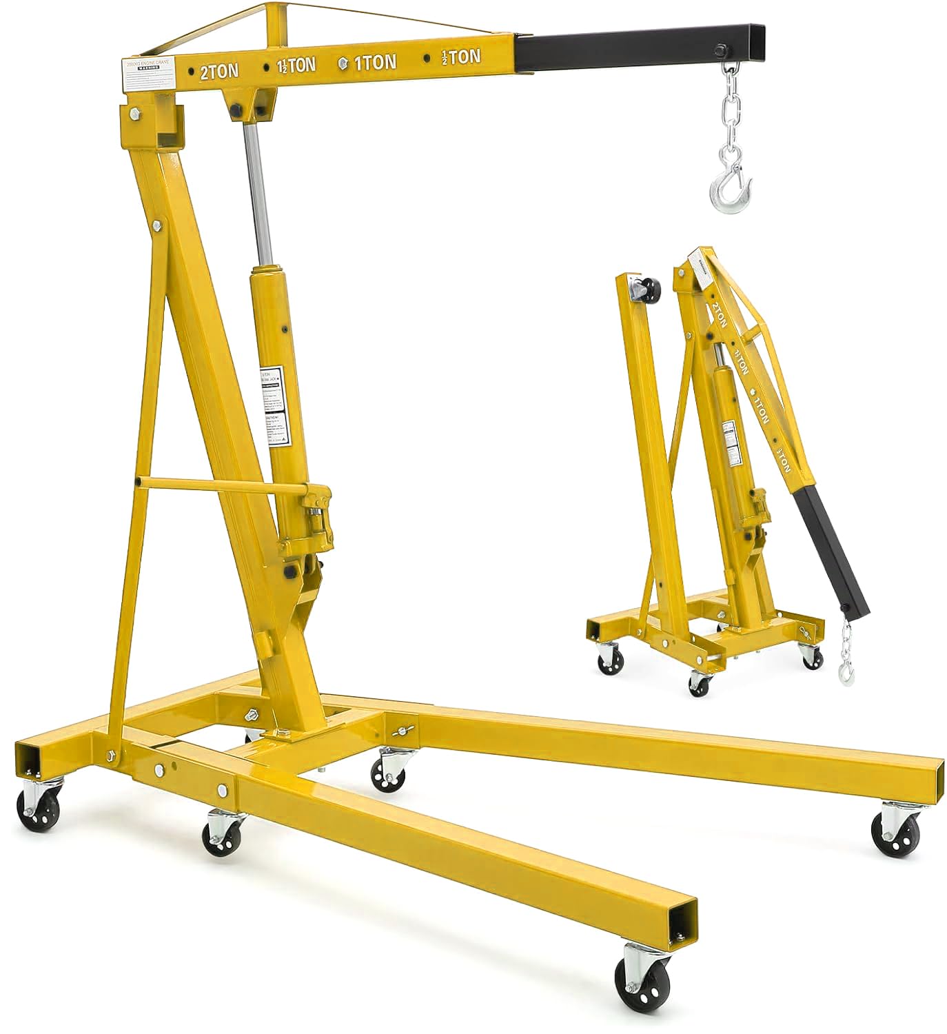Garvee 2 T Engine Hoist Heavy Duty Folding Cherry Picker Hydraulic Lift With 6 Iron Caster Wheels Telescopic Boom Yellow
