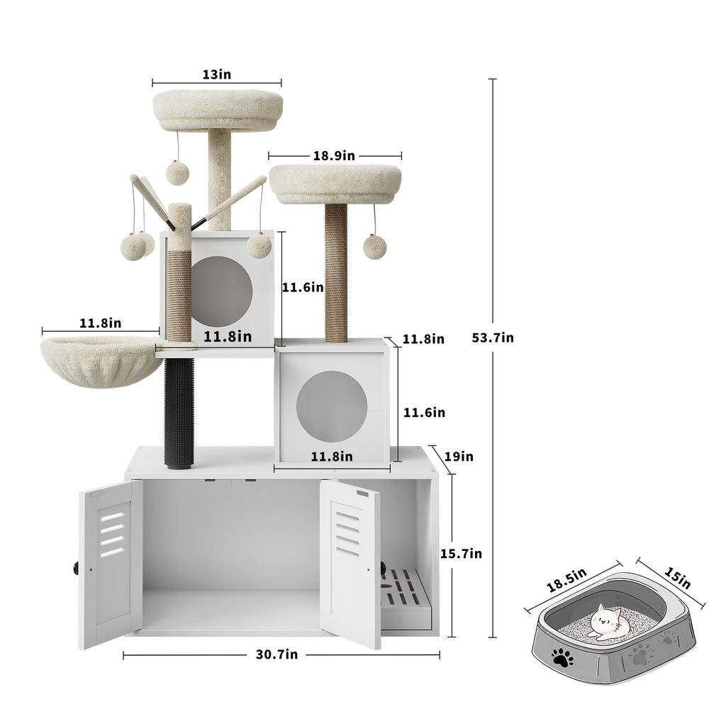 Garvee 54.3" Cat Tree Tower with Hidden Litter Box Enclosure, Modern 2-in-1 Cat Condo, Multi-Cat Homes, Greige & Beige
