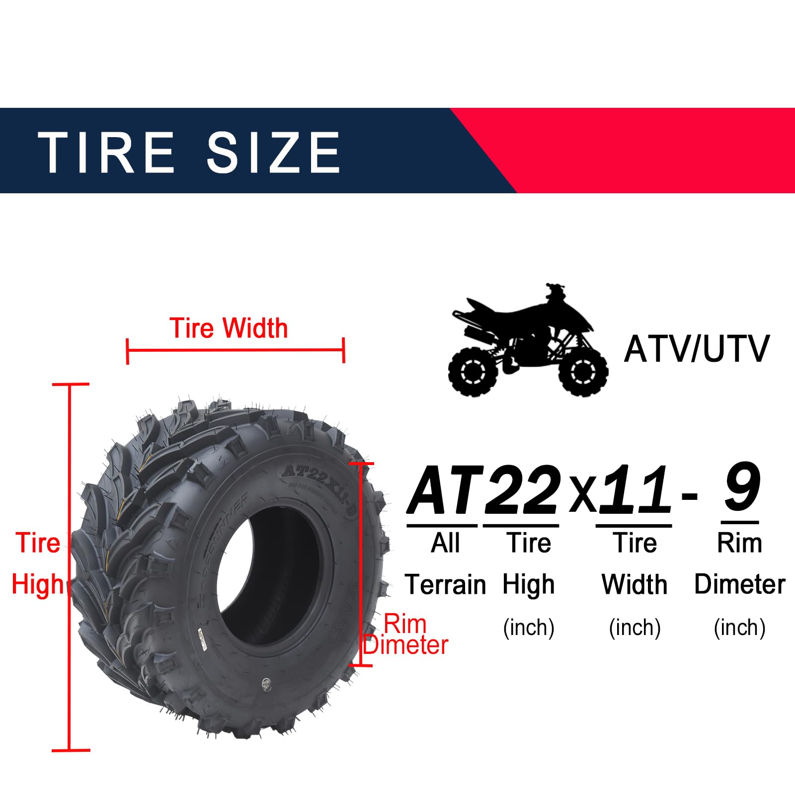 Garvee Set of 2 ATV Trail Tires 6PR Knobby Sport Tires, Tubeless - AT22x11-9-6PR TL MARS
