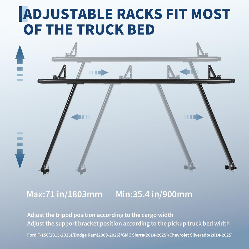 Garvee 35"-71" Adjustable Aluminum Truck Ladder Rack, Weatherproof, No-Drill J-Bolts Two-Bar, Heavy-Duty Pickup Bed Rack for Ford, Chevy, Toyota, RAM, Black
