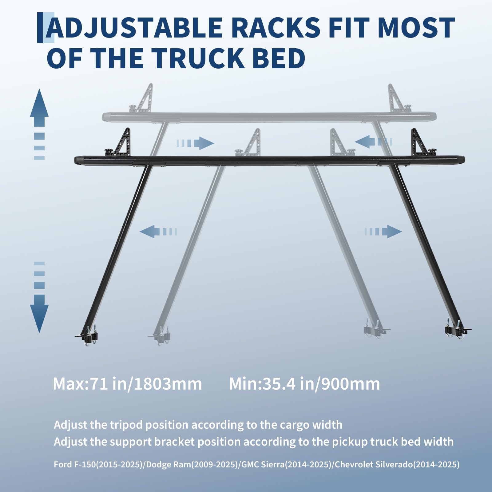 Garvee 35"-71" Adjustable Aluminum Truck Ladder Rack, Weatherproof, No-Drill J-Bolts Two-Bar, Heavy-Duty Pickup Bed Rack for Ford, Chevy, Toyota, RAM, Black
