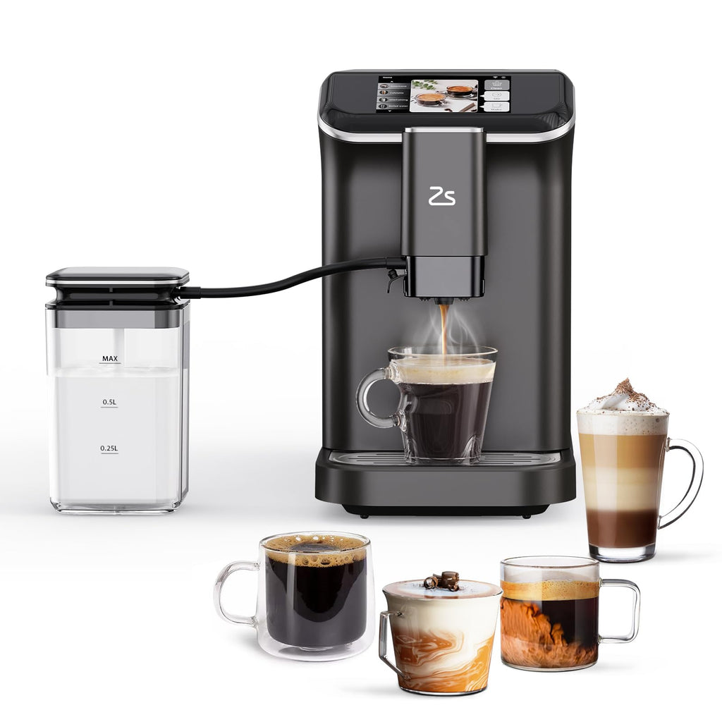 Garvee Fully Automatic Espresso Machine with Automatic Milk Frother, Built-In & Adjustable Espresso Bean Grinder, One-Touch Single/Double Shot for Espresso, 7 Coffee Varieties, 1.5 Liter, Black
