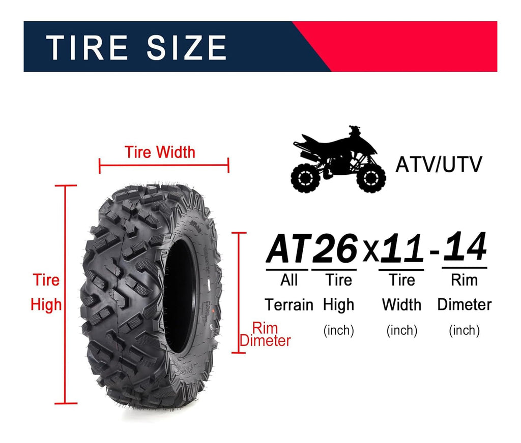 Garvee Set Of 4 ATV Tires 26x9-14 Front & 26x11-14 Rear All-Terrain Off-Road Mud Trail Tires 6 PR Tubeless