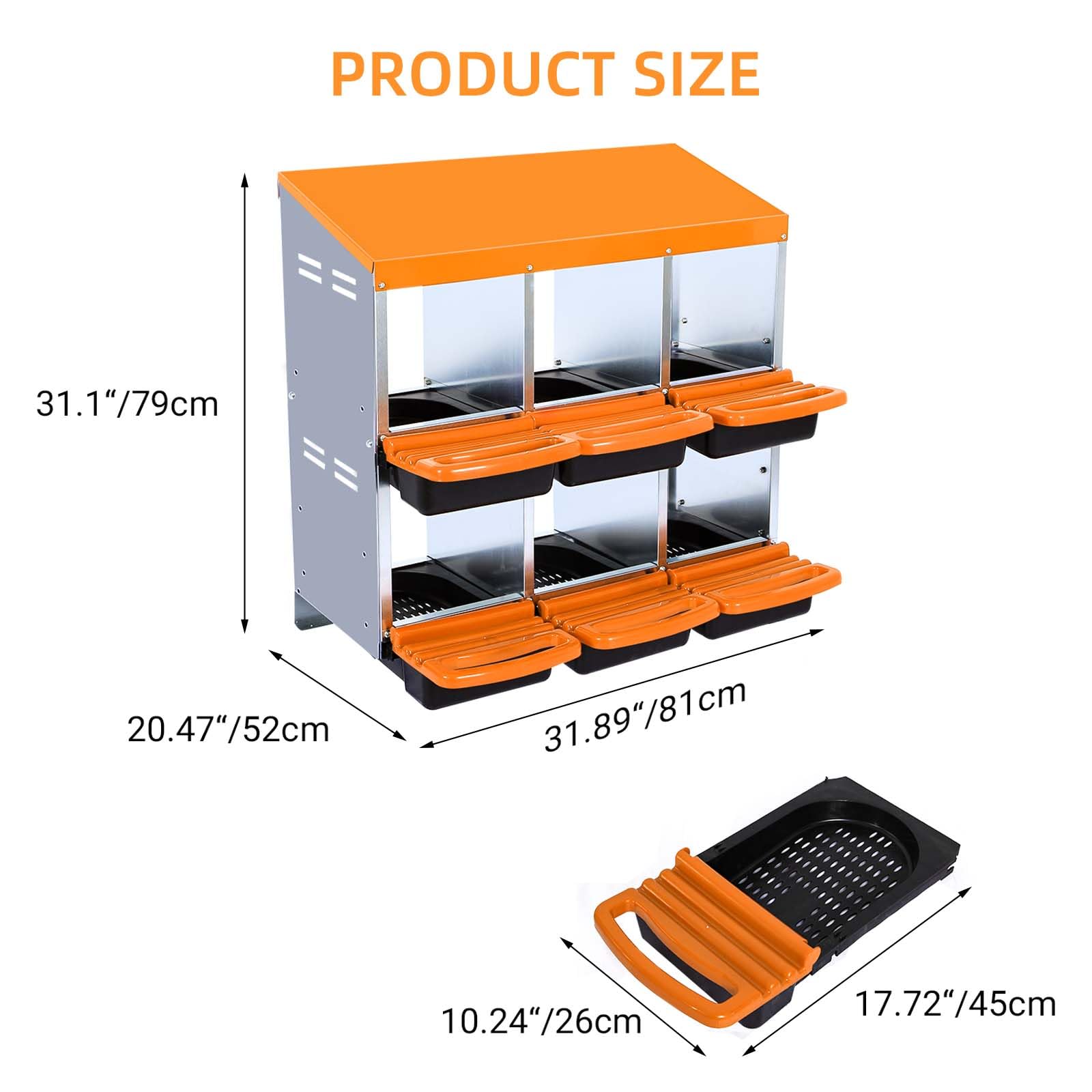 Garvee Chicken Nesting Box 6-Hole Roll Away Egg Laying Box with Lid Heavy-Duty Galvanized Steel Rustproof Design Wall-Mountable Orange