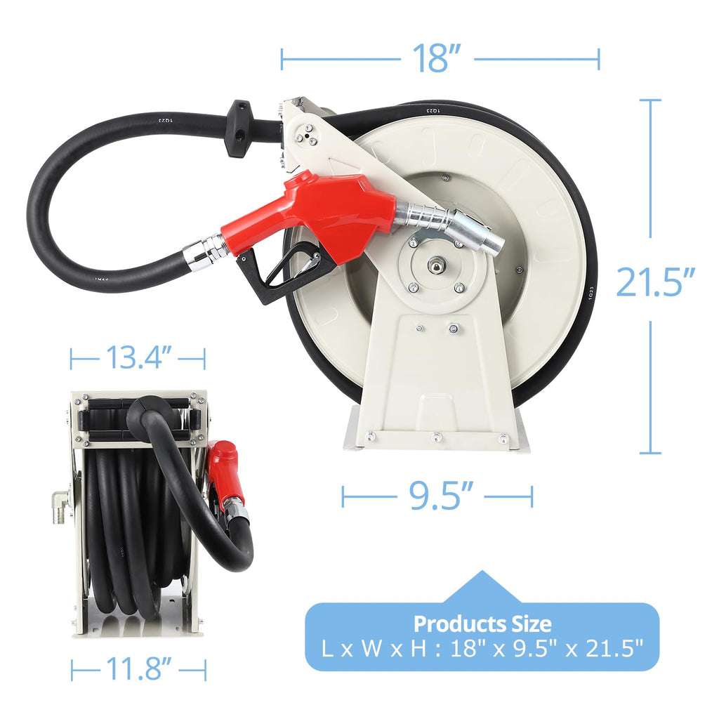 Garvee 1"x50" Fuel Hose Reel with 360° Swivel Standard Fueling Nozzle, Retractable Heavy Duty Steel Construction Reel, 300PSI Industrial Auto Swivel, Spring Driven Diesel Hose Reel for Construction, with Cover Waterproof
