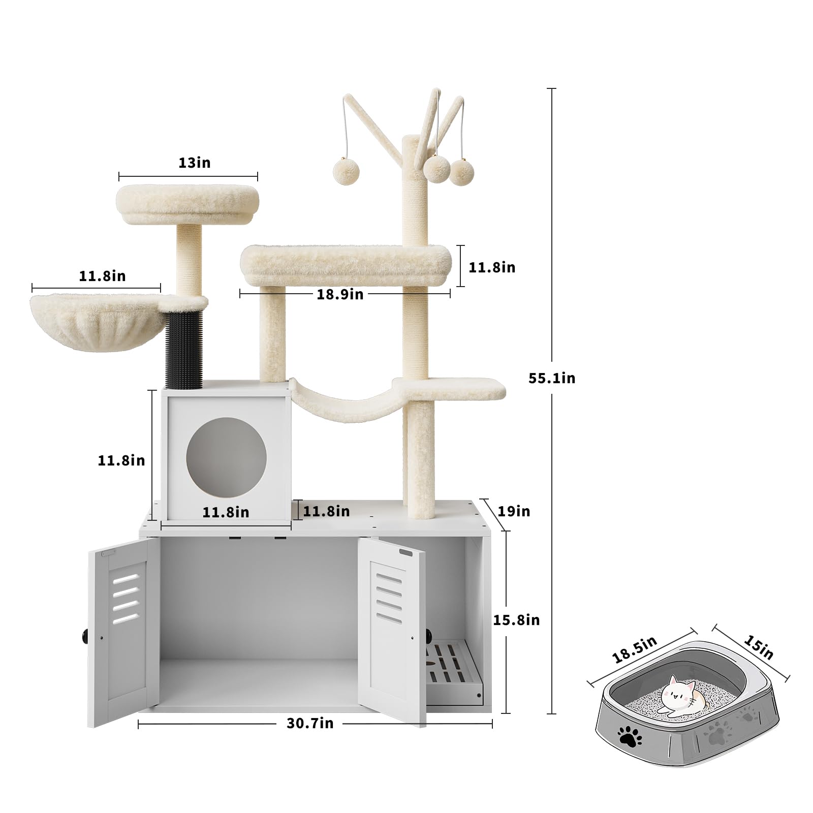 Garvee 55.1-Inch Cat Tree with Litter Box Enclosure 2-in-1 Modern Cat Tower White, Wooden Hidden Litter Box Furniture, Cat Condo, Hammock, Scratching Post