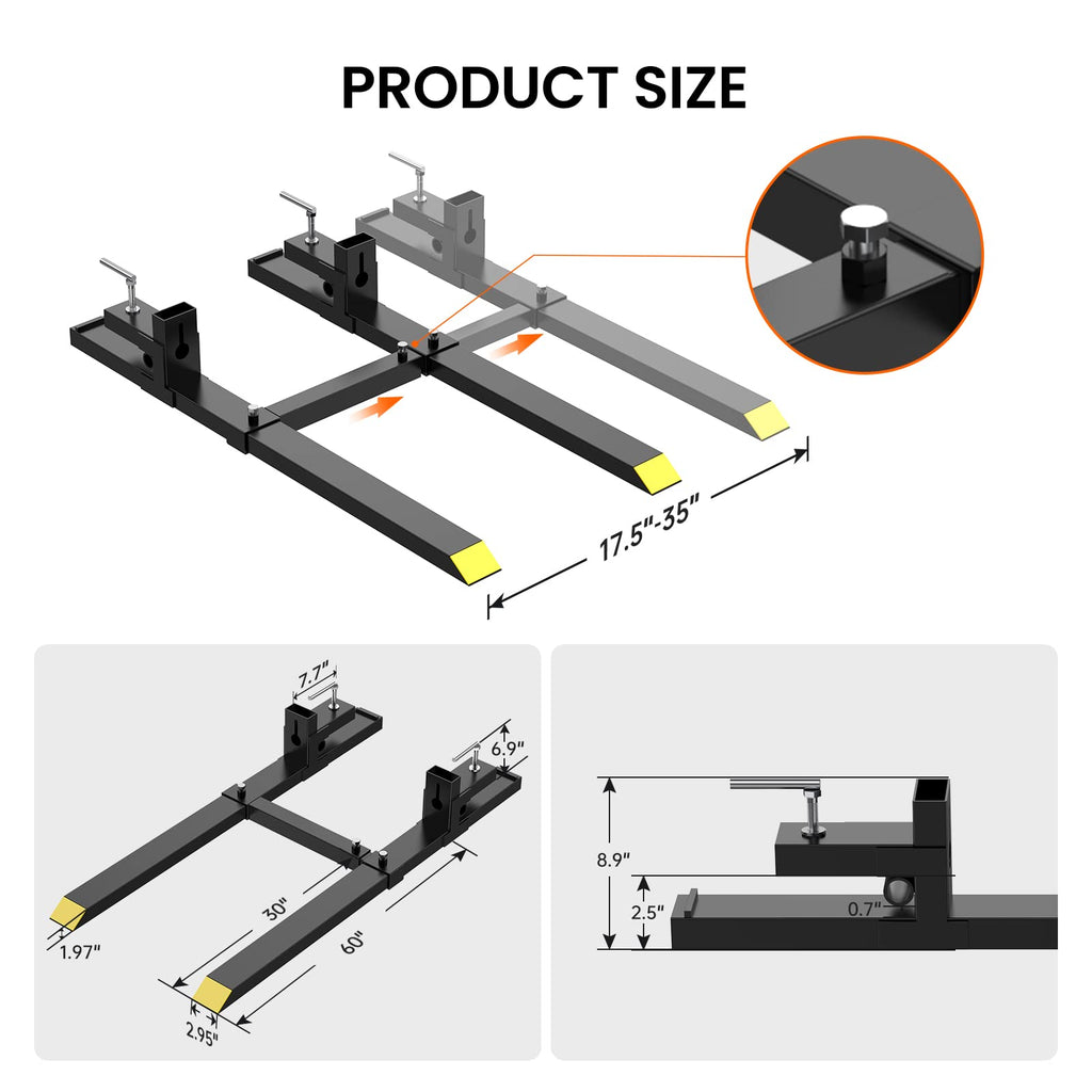 Garvee 60" 1500lbs Clamp on Pallet Forks, Heavy Duty Fork Rack with Adjustable Stabilizer Bar (17.5"-35") for Loader Bucket Skid Steer Tractor