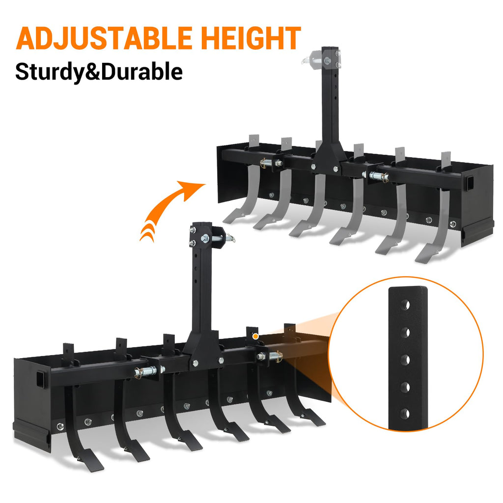 Garvee Tow Behind Box Scraper, 55 Inch Three-Point Quick Hitch Box Scraper Fit Cat 1, Heavy Duty Box Blade Lawn Tractor Attachments for Leveling, Grading, Landscaping, Black