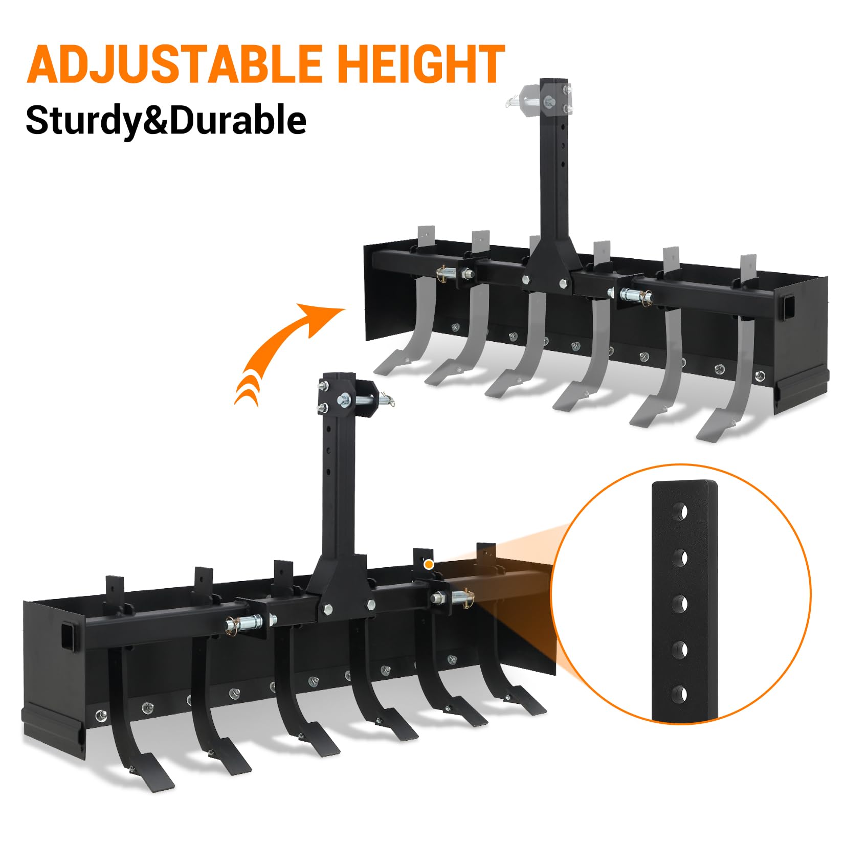 Garvee Tow Behind Box Scraper, 55 Inch Three-Point Quick Hitch Box Scraper Fit Cat 1, Heavy Duty Box Blade Lawn Tractor Attachments for Leveling, Grading, Landscaping, Black