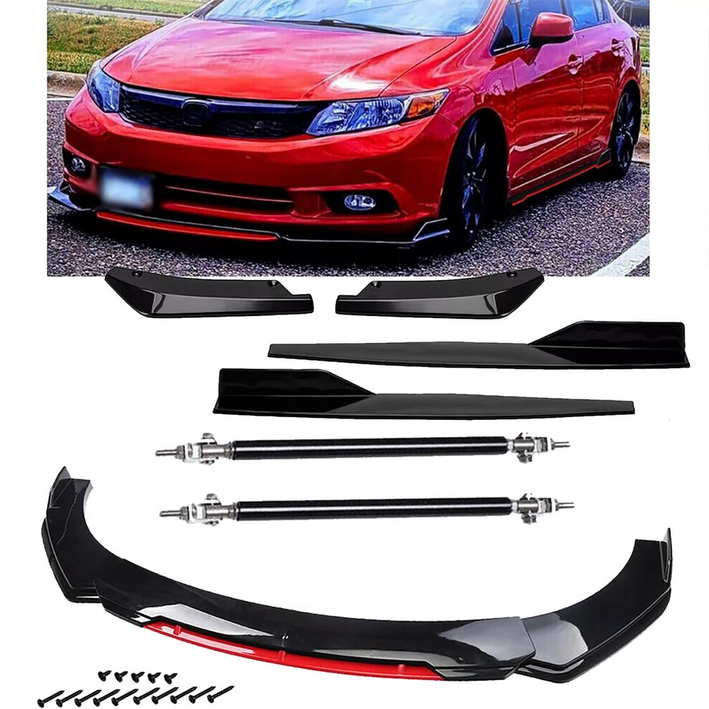 Garvee Front Bumper Lip Spoiler and Side Skirt Extensions - Fits 1.9M/6.2FT Wide Cars, Sturdy ABS Air Dam Front Bumper Lip Body Kit for Sedans, Automotive Vehicles, Glossy Black with Red Trim