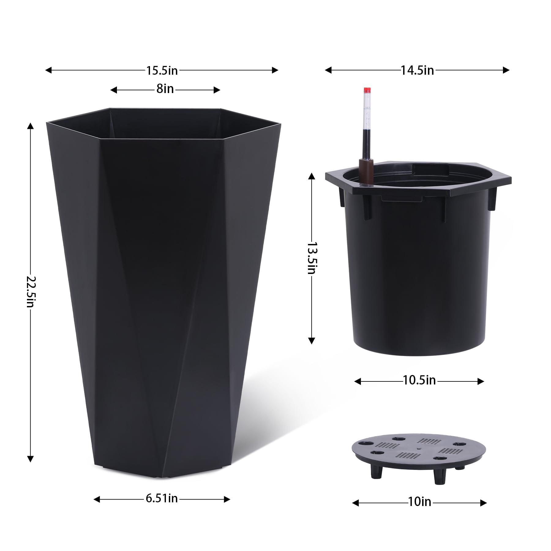 Garvee 23" Tall Planters Set of 2, Outdoor＆Indoor Planter Pots, High Front Porch Planter Pots with Drainage Holes＆Water Level Monitor＆Inner Bucket, Automatic Watering, Convenience Instill, Black