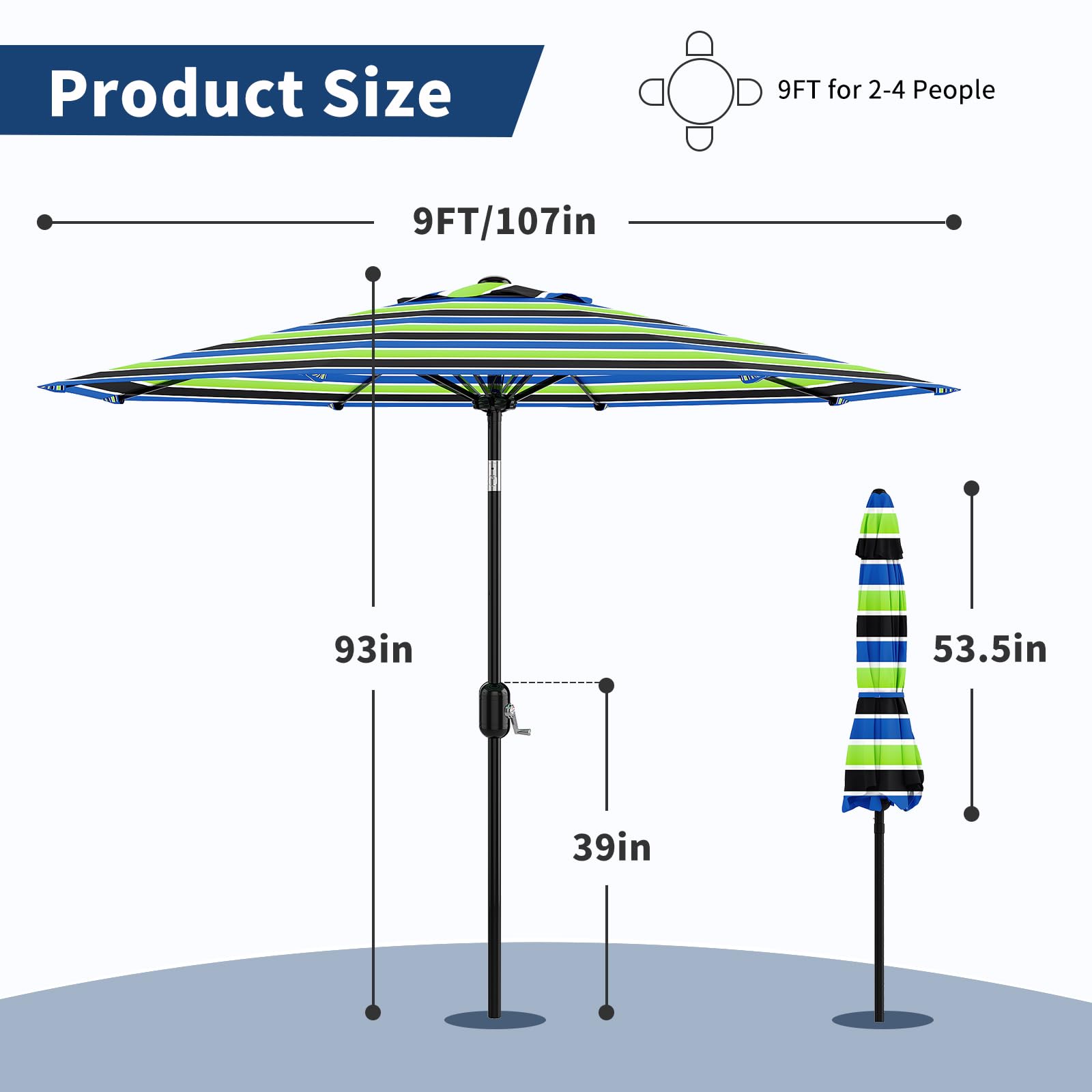 Garvee 9' Patio Umbrella with Crank Lift & Push Button Tilt - 8 Sturdy Ribs Outdoor Table Umbrella for Yard, Deck & Pool, Tricolor Stripe