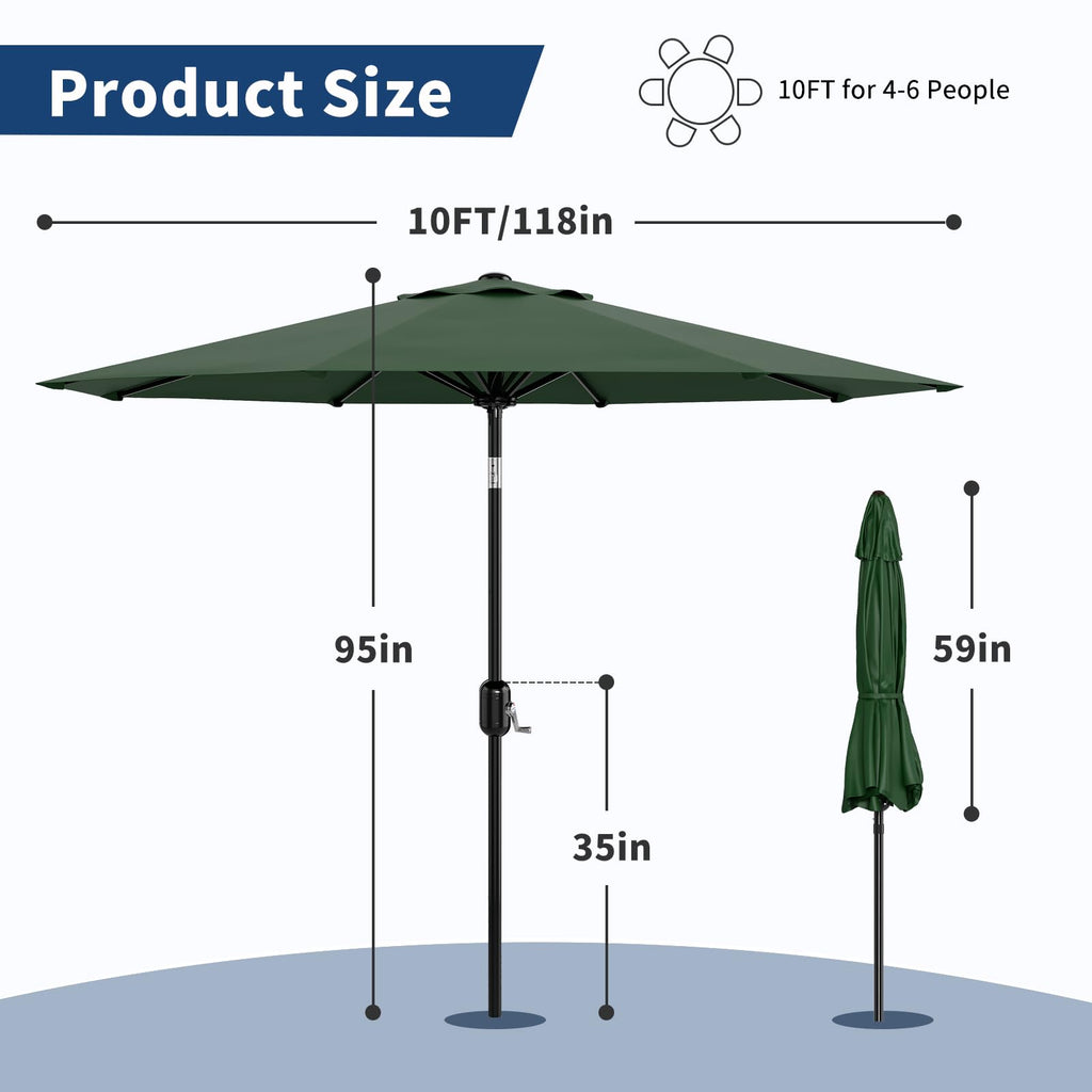 Garvee 10' Patio Umbrella with Crank Lift & Push Button Tilt, Table Umbrella Outdoor Patio 8 Sturdy Ribs for Yard, Deck, Pool, Dark Green