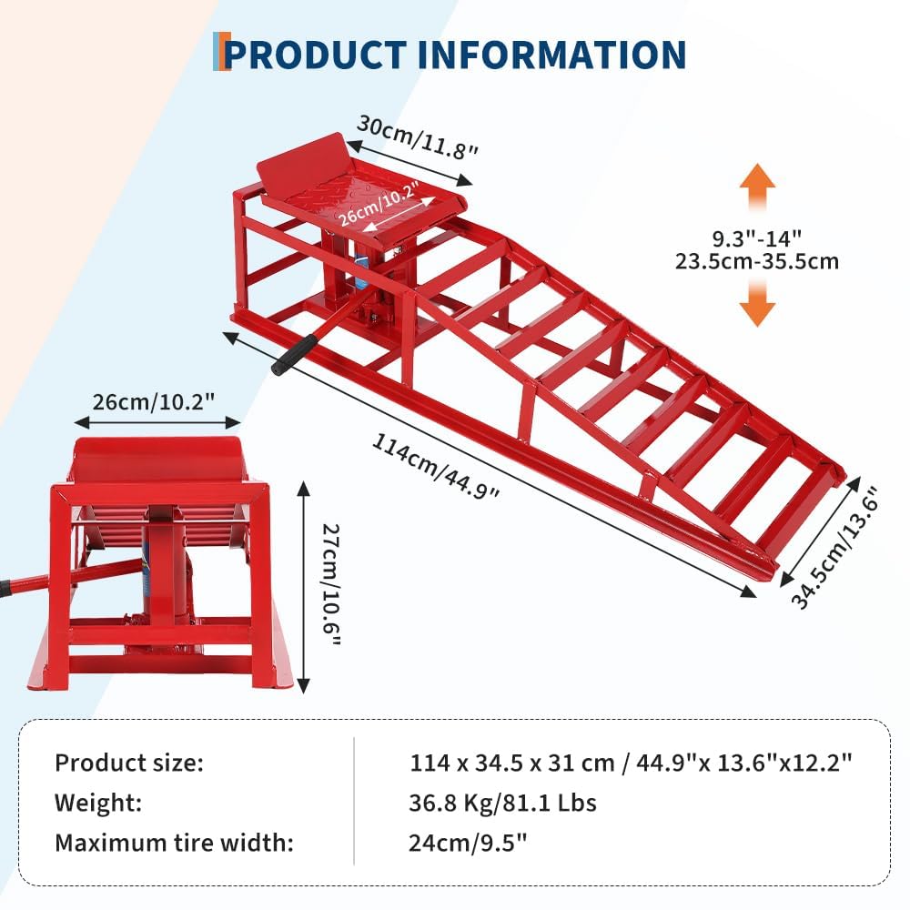 Garvee 2Pcs 5 Ton Hydraulic Car and Truck Service Ramps - 11023 lbs Capacity, Portable Lifts for Oil Changes with Adjustable Height from 9.8" to 15", Ideal for Home Garage and Vehicle Repairs, Red