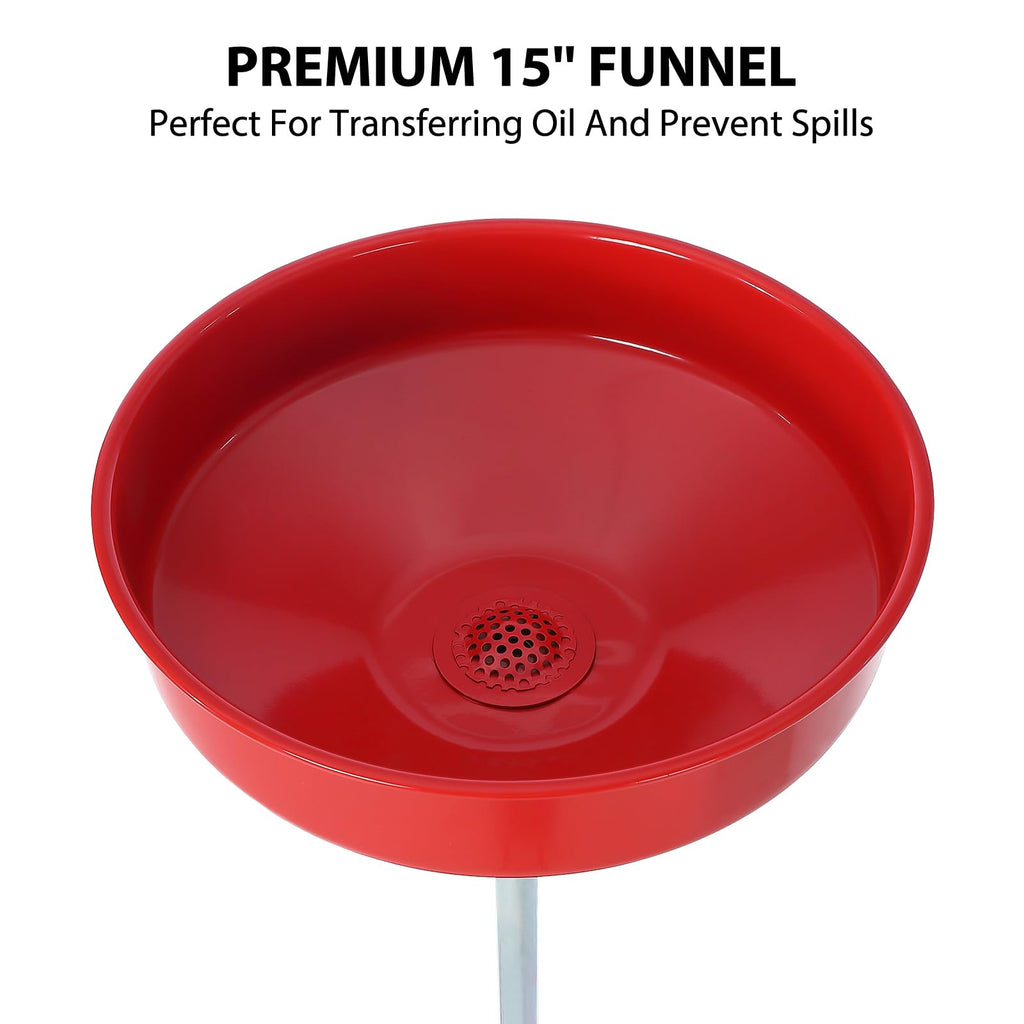 Garvee 8 Gallon Oil Drain Tank, Portable Oil Drain Container, Air Operated Drainer, Fluid Fuel Transfer Drainage, Adjustable Funnel Height with Wheel &15'' Premium Bowl and a Toolbox, Red