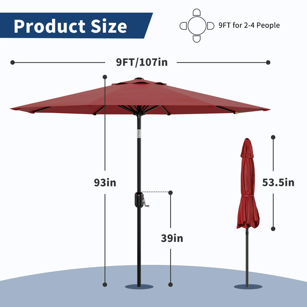 Garvee 9' Outdoor Patio Umbrella, Outdoor Table Umbrella, Market Umbrella with Push Button Tilt and Crank, 8 Sturdy Ribs UV Protection Waterproof for Garden, Deck, Backyard, Pool, Red