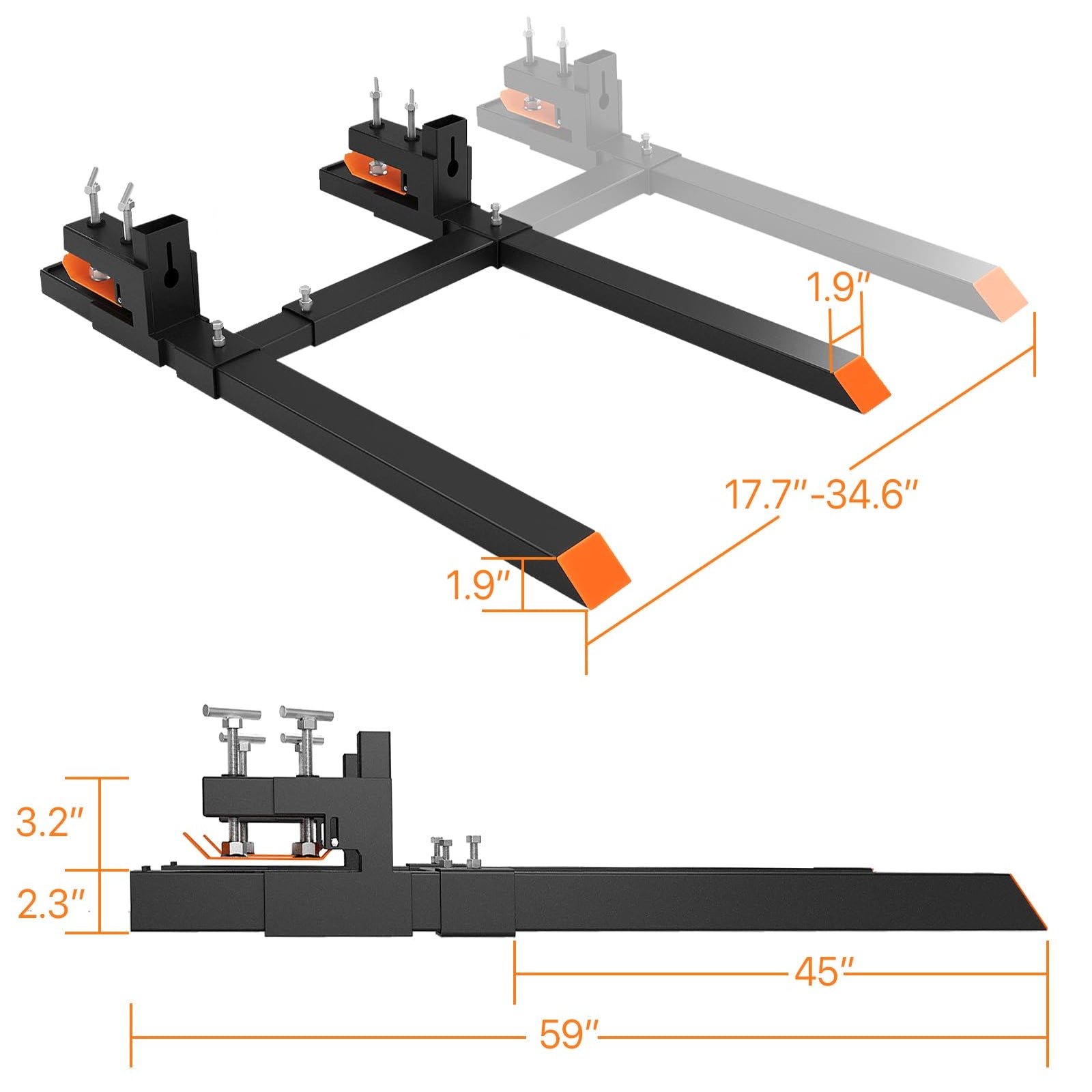 Garvee Pallet Forks Heavy Duty 60", 2000Lbs Capacity, Adjustable Stabilizer Bar 17.7"-34.6", Durable Q235 Alloy for Hauling Timber and Hay