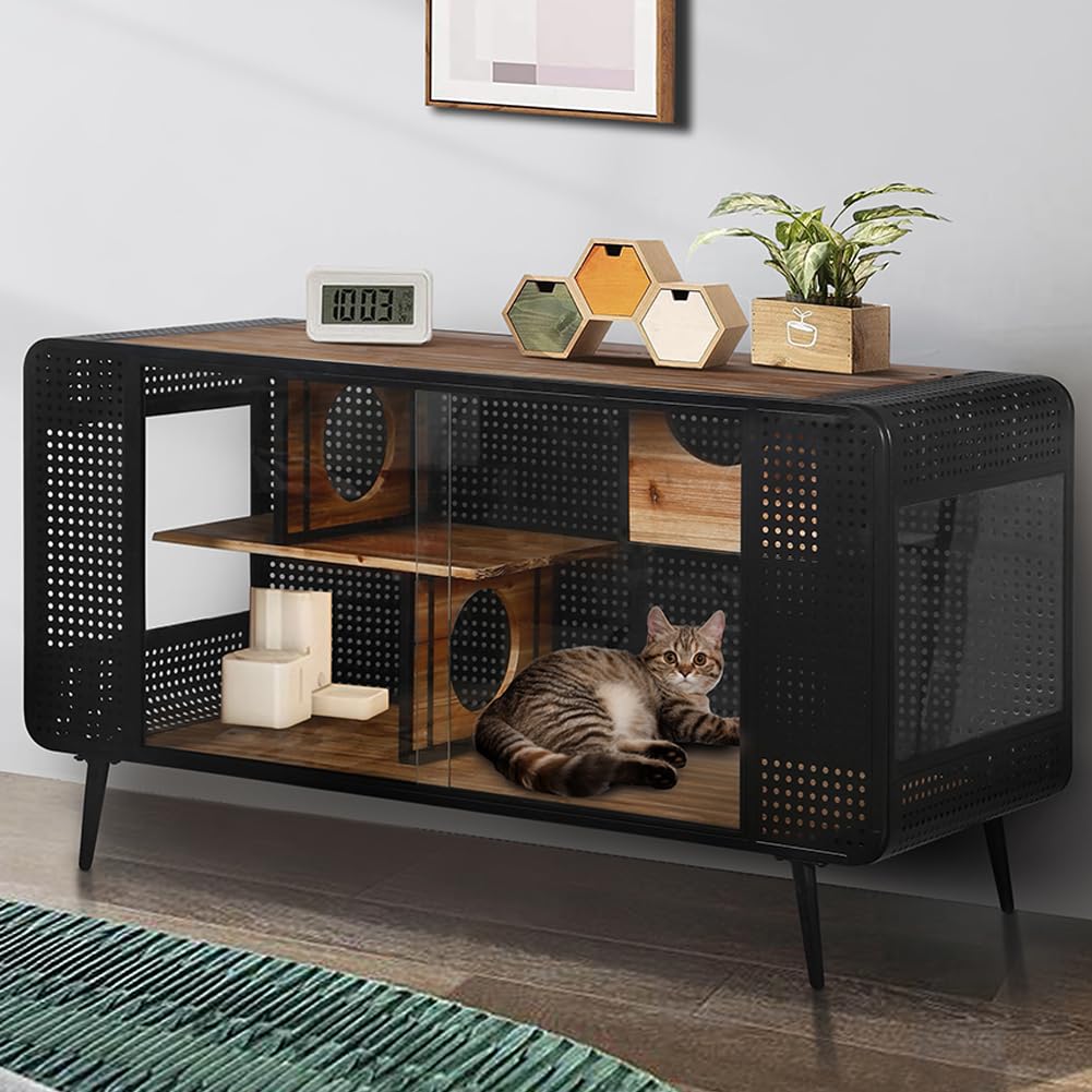 Garvee 55.12" Cat House with 2 Sliding Tempered Glass Doors, Metal Spacious Pet Kennel for Living Room, Black, One Size