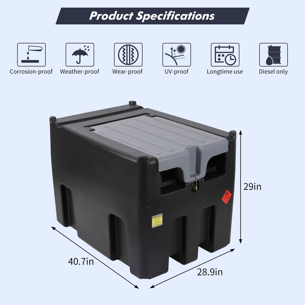 Garvee Portable Diesel Tank, 106 Gallon Fuel Tank with 12V Electric Fuel Transfer Pump, 10 GPM Diesel Transfer Tank with Auto Fueling Nozzle & 360 Swivel Connector with 13.1ft Hose - Black