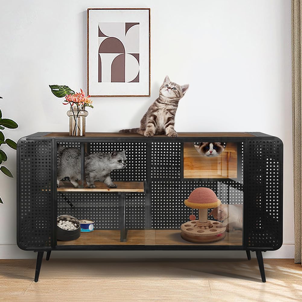 Garvee 55.12" Cat House with 2 Sliding Tempered Glass Doors, Metal Spacious Pet Kennel for Living Room, Black, One Size